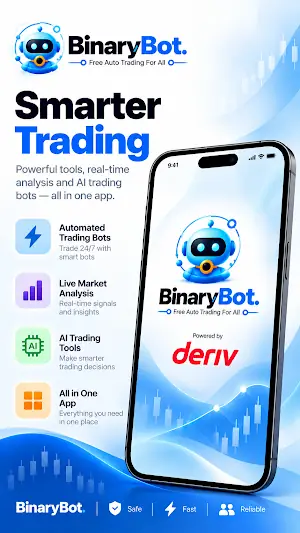Binary Bot app home screen: smarter trading with automated bots, live market analysis and AI tools